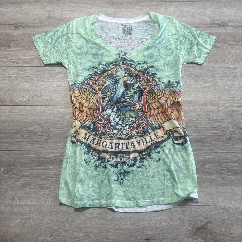 Margaritaville Key West Women’s Graphic T-Shirt Green Parrot V-Neck Cotton Small